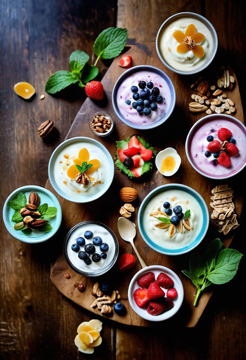 A colorful spread featuring various yogurt styles, from creamy frozen delights to artisanal flavored treats, beautifully arranged on a rustic wooden table. Add fresh fruits, nuts, and drizzles of honey enhancing the textural contrasts. Soft natural lighting creates a warm and inviting atmosphere, with delicate mint leaves adding a touch of freshness. super-realistic. vibrant colors. soft focus.