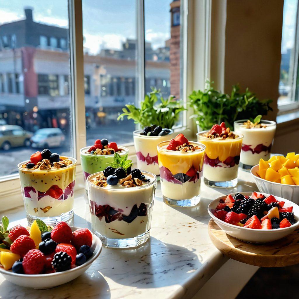 A vibrant kitchen scene filled with an array of colorful yogurt parfaits topped with fresh fruits, granola, and drizzles of honey. In the background, a sunny window displays potted herbs and a bowl of assorted wholesome desserts like fruit tarts and yogurt-based cakes. The atmosphere is warm and inviting, encouraging a sense of joy and indulgence in healthy treats. super-realistic. vibrant colors. natural light.