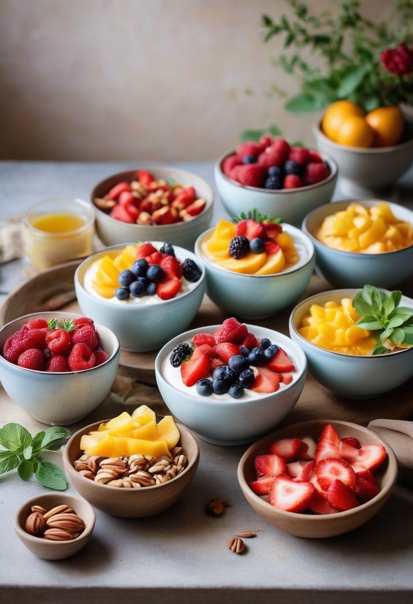 A beautifully arranged table featuring gourmet yogurt bowls topped with fresh fruits, nuts, and honey. Vivid colors of the ingredients contrast against elegant ceramic bowls, creating an inviting atmosphere. The background includes subtle hints of herb plants and natural lighting to enhance freshness. Inspirational text overlays add a touch of elegance to the scene. vibrant colors. soft focus.
